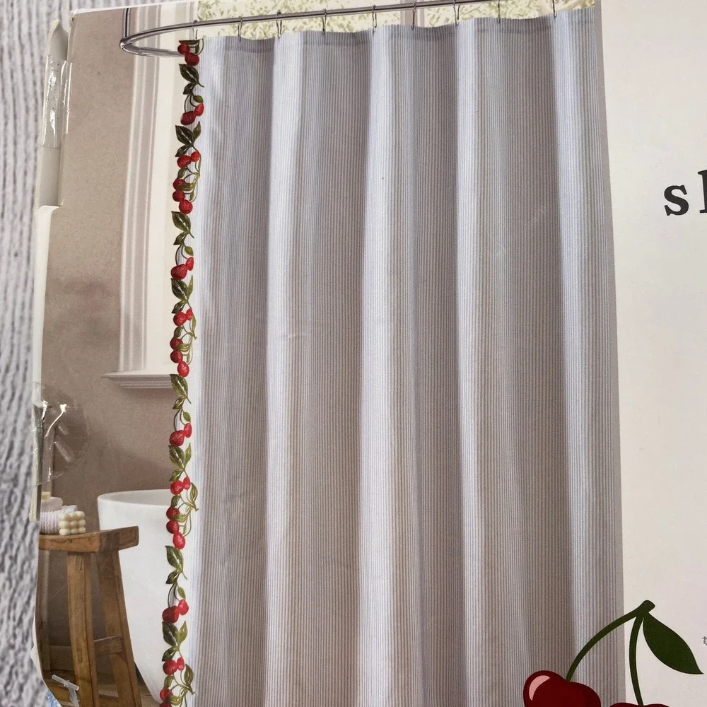 Envogue Shower Curtain Blue White Stripe Red Cherry Embroidered Whimsical Fruit
